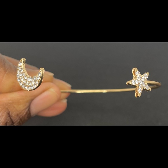 Dainty Star & Moon Gold Toned Cuff  Bracelet w/Rhinestones - Picture 6 of 10